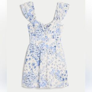 Hollister Blue Floral Ruffle Mini Dress S Cottagecore Coastal Tie Back